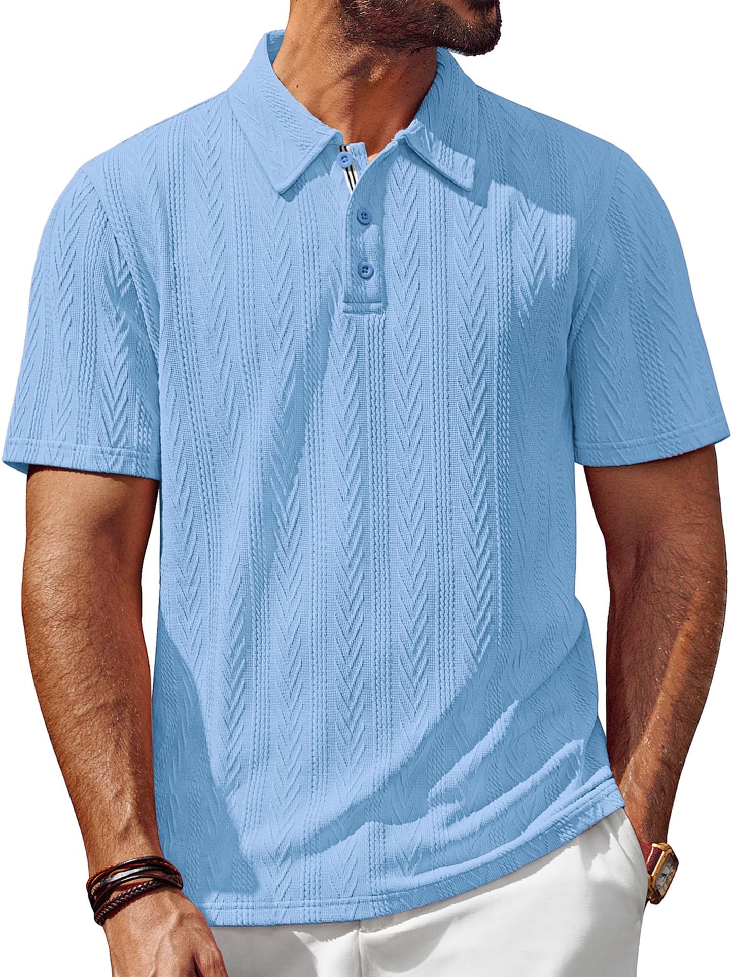 Men's Textured Knit Polo Shirt Short Sleeve Regular Fit Stretch Collared Summer Shirts
