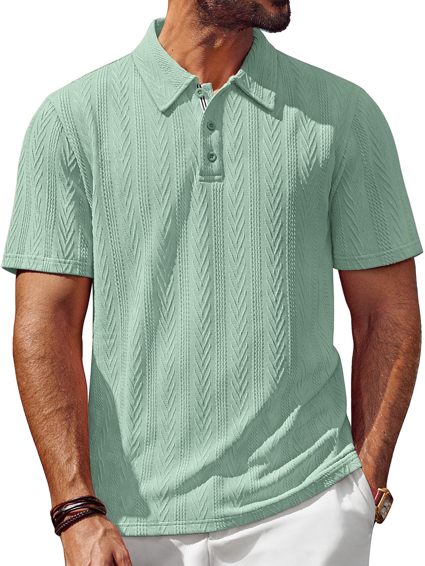 Men's Textured Knit Polo Shirt Short Sleeve Regular Fit Stretch Collared Summer Shirts
