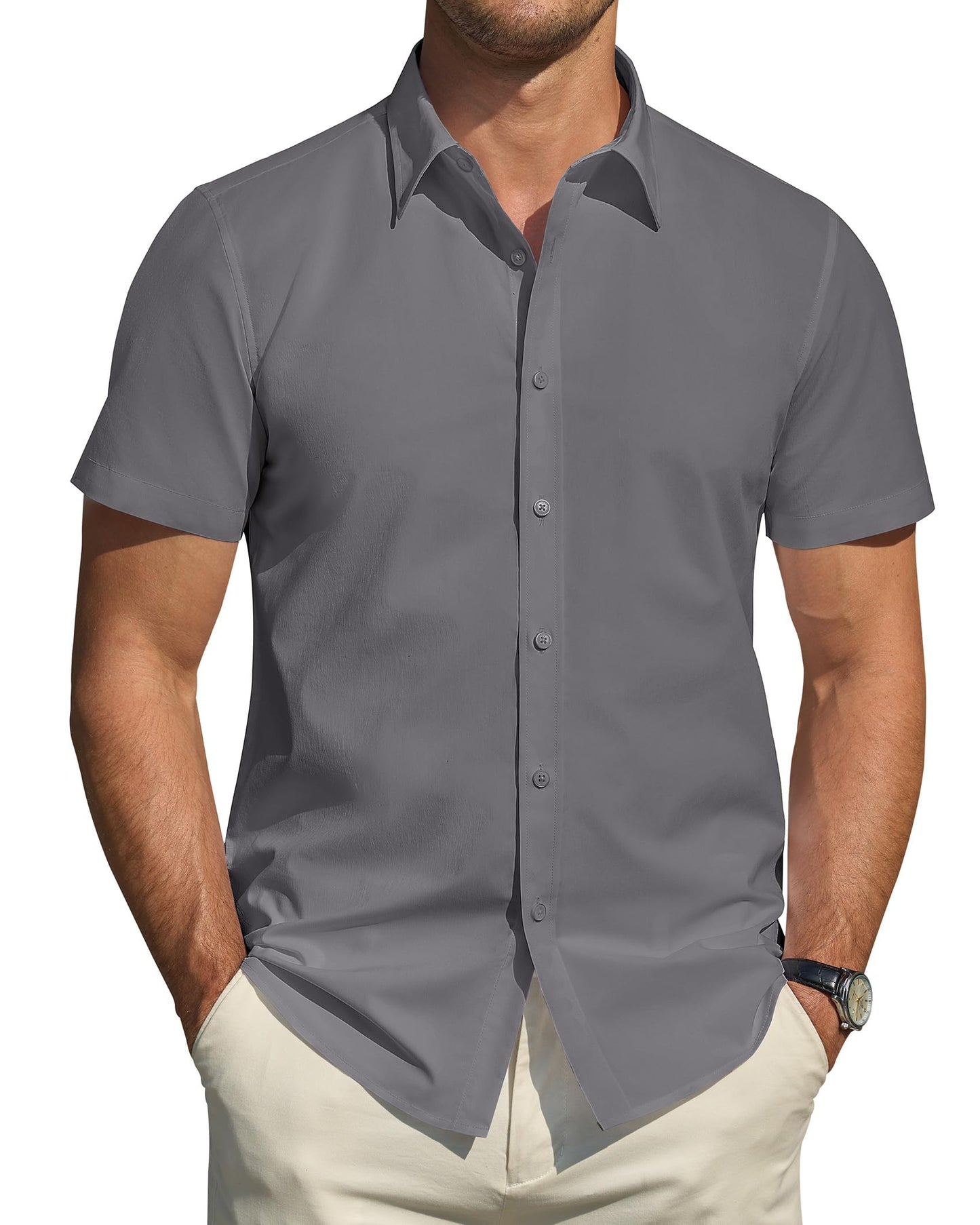 Men's Short Sleeve Dress Shirts Stretch Stain Shield Casual Button Down Shirts Solid Formal Shirt