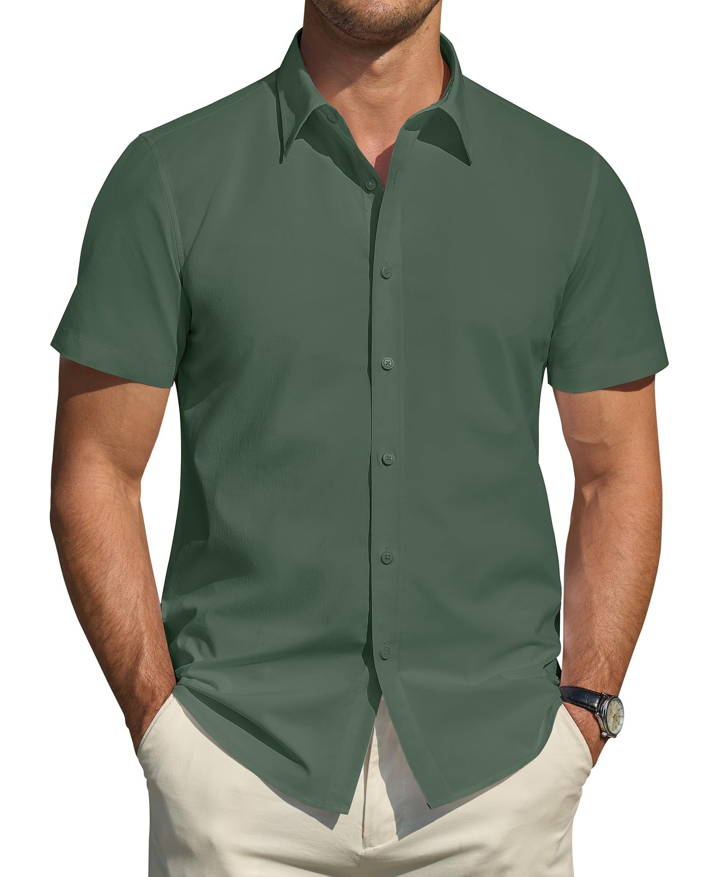 Men's Short Sleeve Dress Shirts Stretch Stain Shield Casual Button Down Shirts Solid Formal Shirt