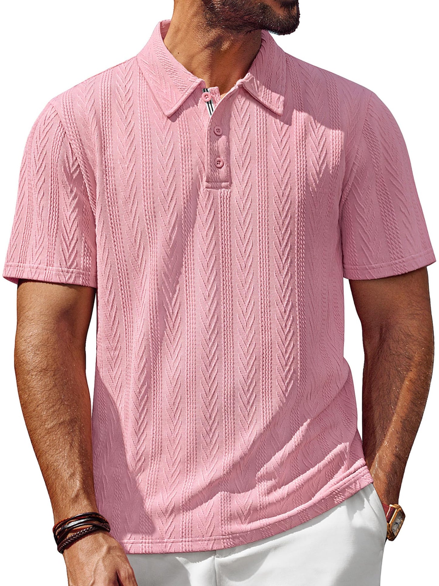 Men's Textured Knit Polo Shirt Short Sleeve Regular Fit Stretch Collared Summer Shirts
