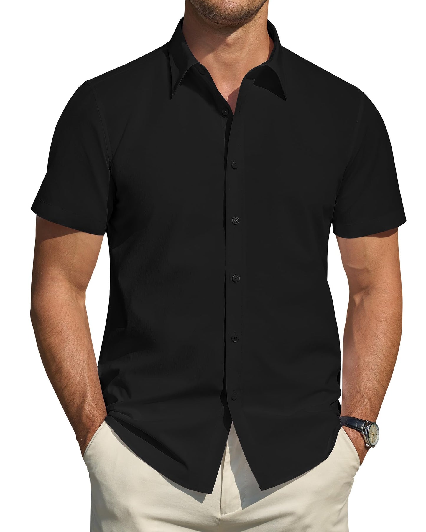 Men's Short Sleeve Dress Shirts Stretch Stain Shield Casual Button Down Shirts Solid Formal Shirt