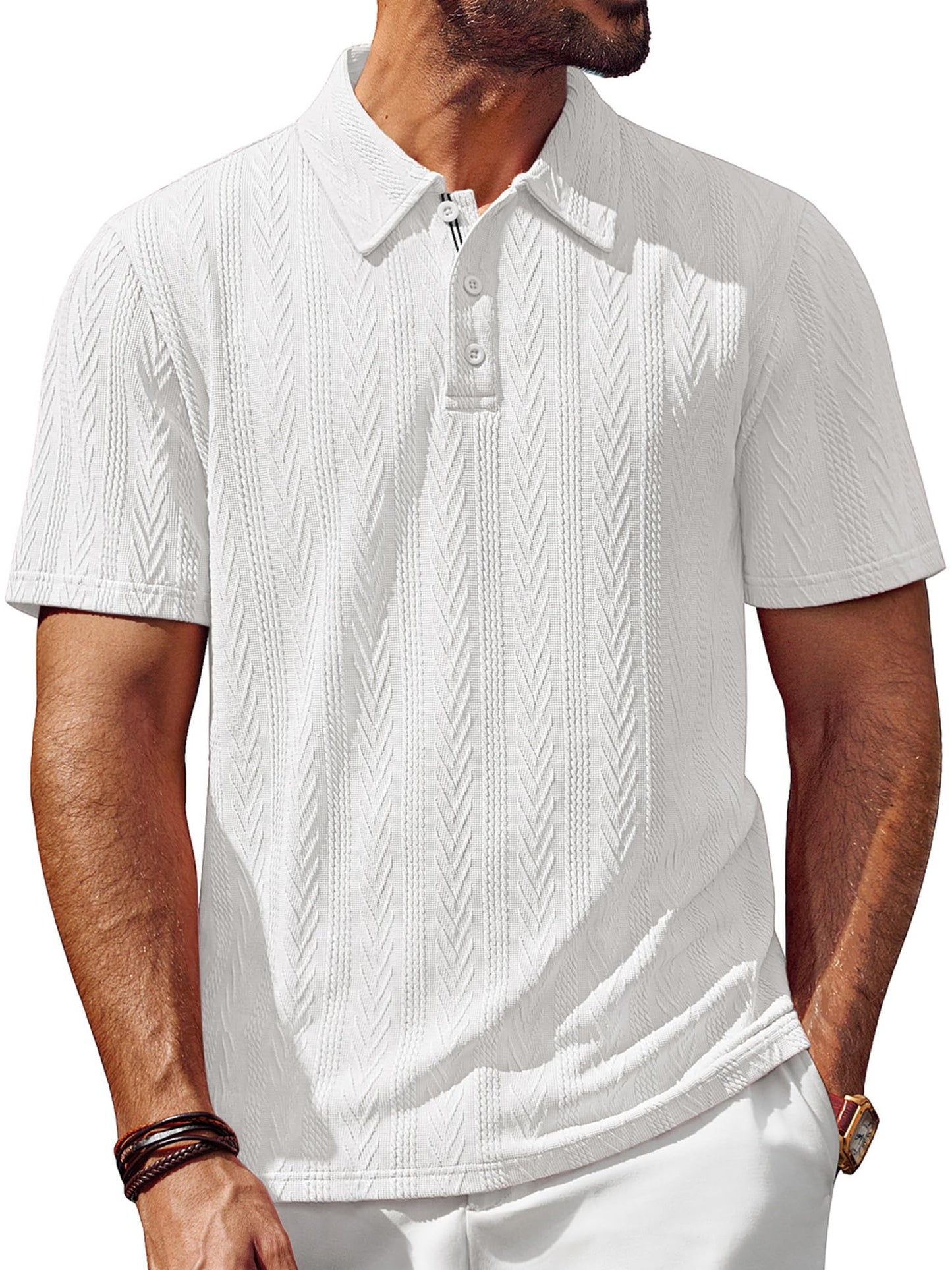 Men's Textured Knit Polo Shirt Short Sleeve Regular Fit Stretch Collared Summer Shirts