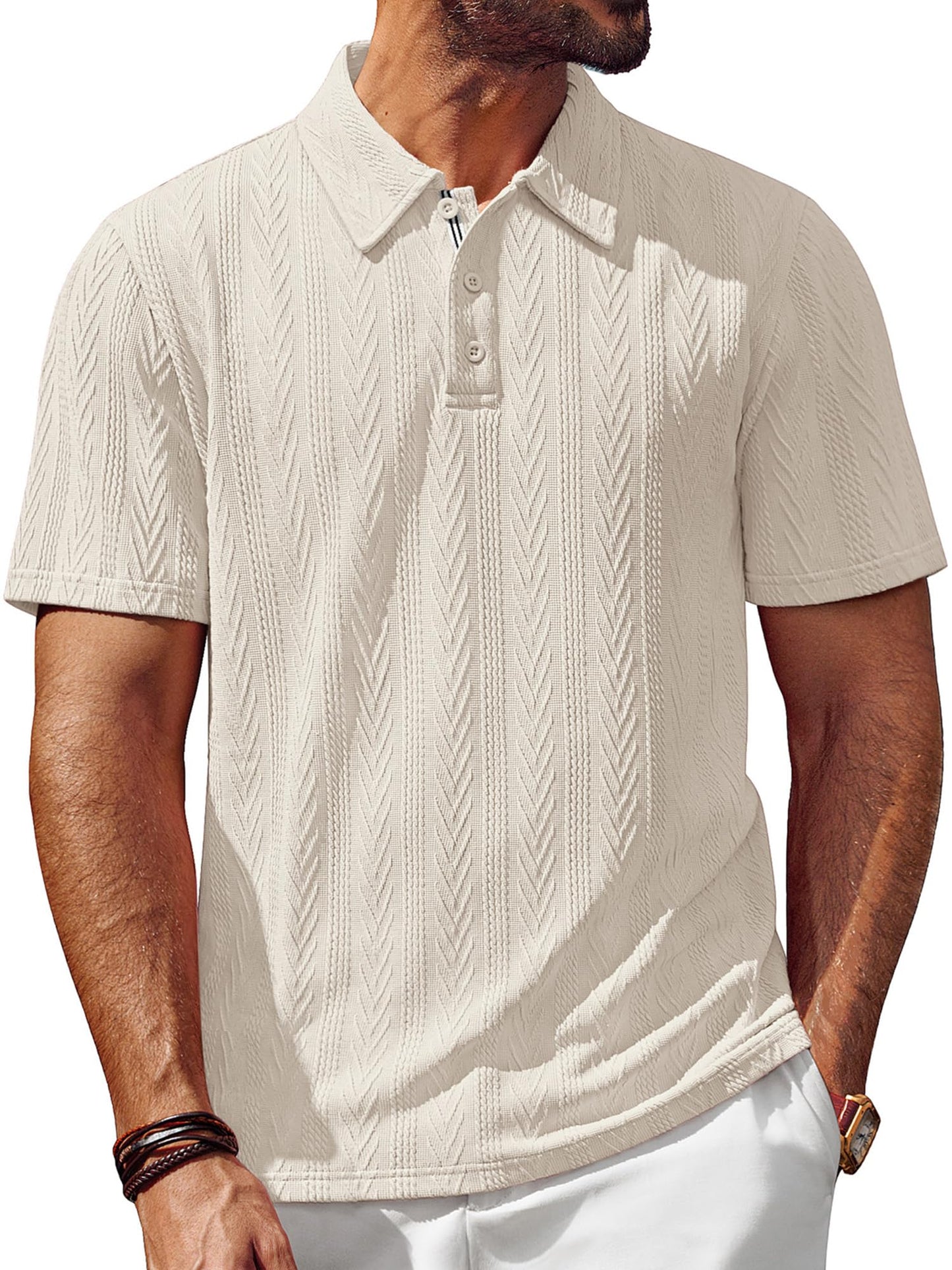 Men's Textured Knit Polo Shirt Short Sleeve Regular Fit Stretch Collared Summer Shirts