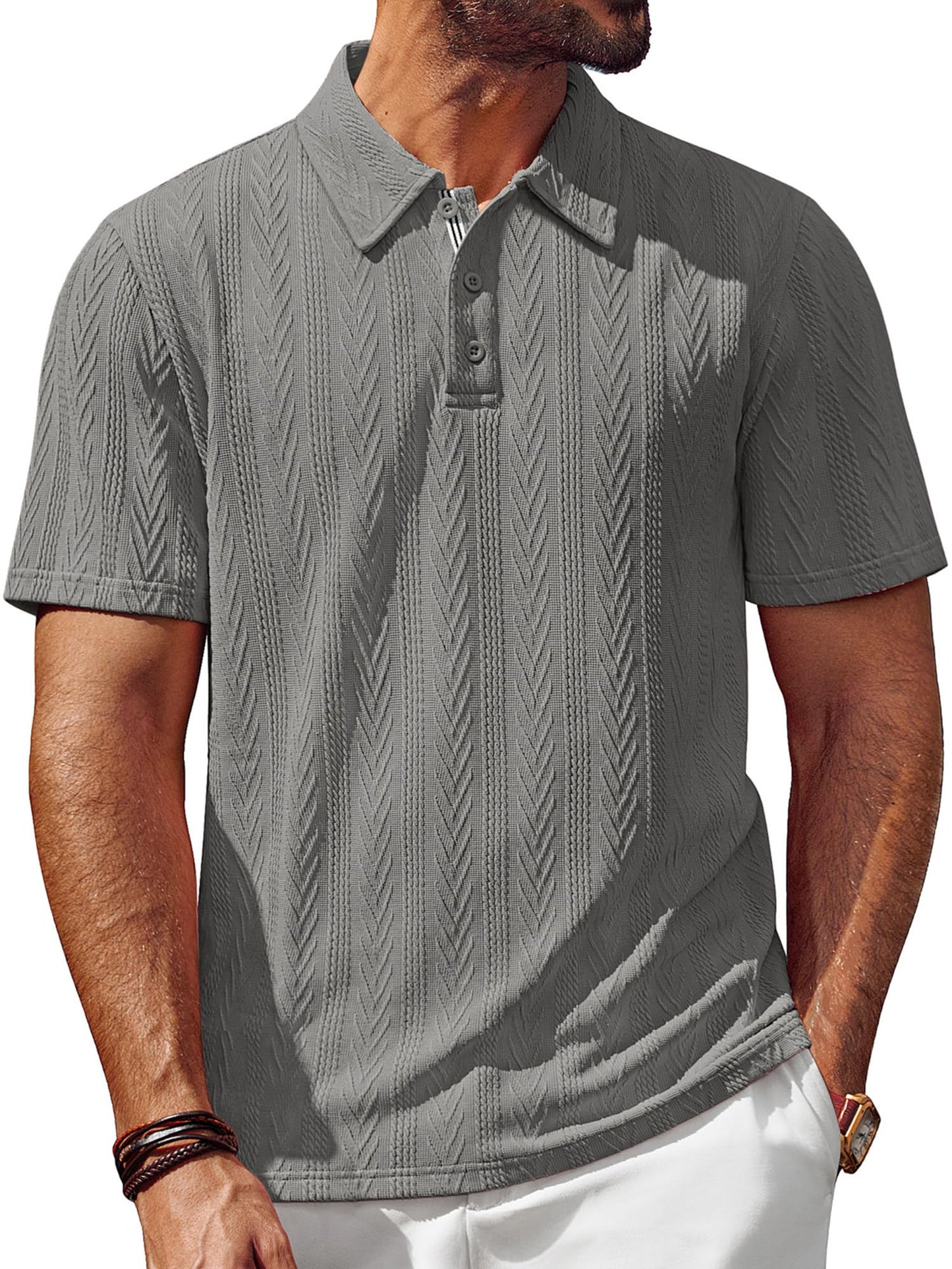 Men's Textured Knit Polo Shirt Short Sleeve Regular Fit Stretch Collared Summer Shirts