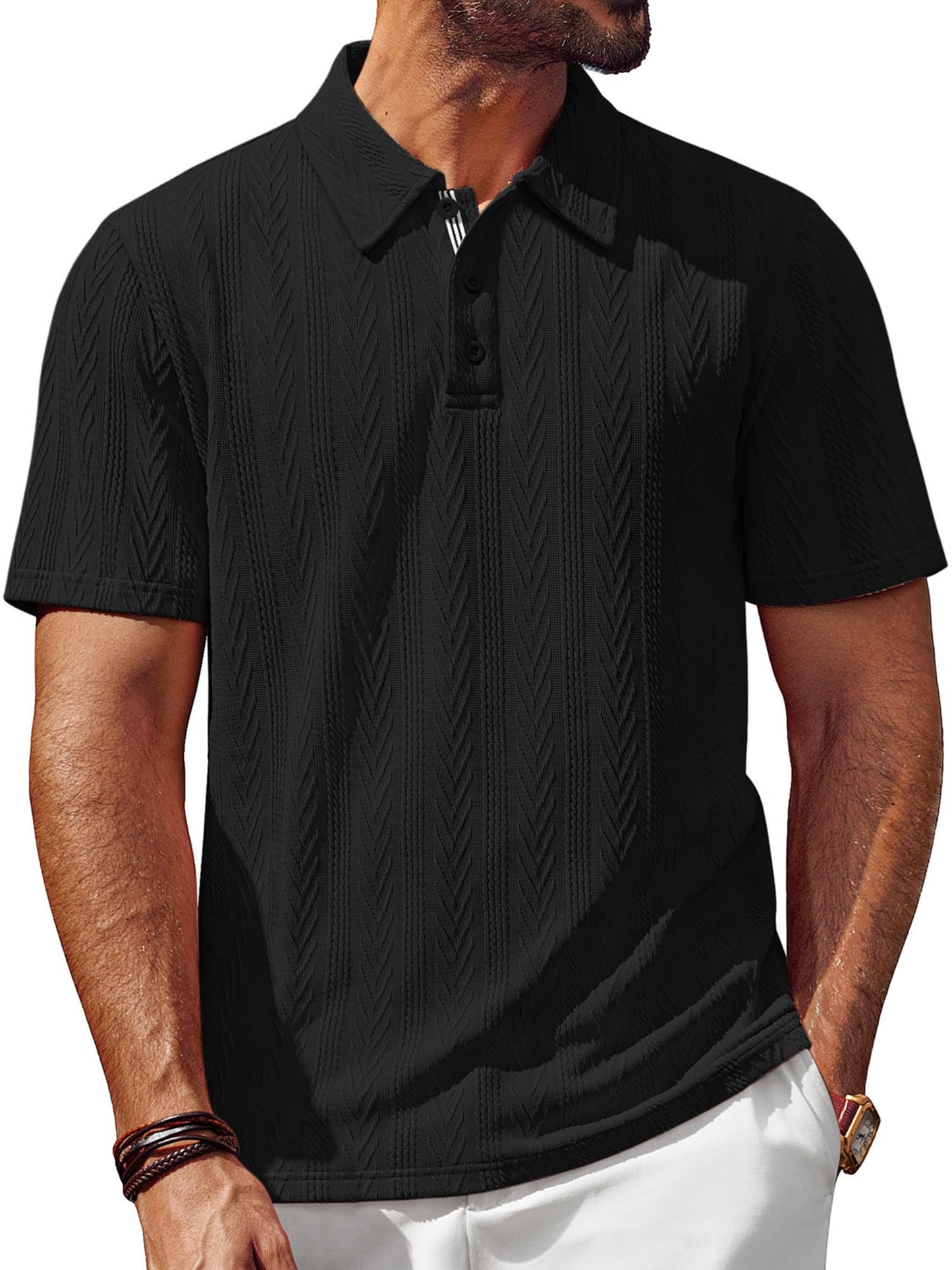 Men's Textured Knit Polo Shirt Short Sleeve Regular Fit Stretch Collared Summer Shirts