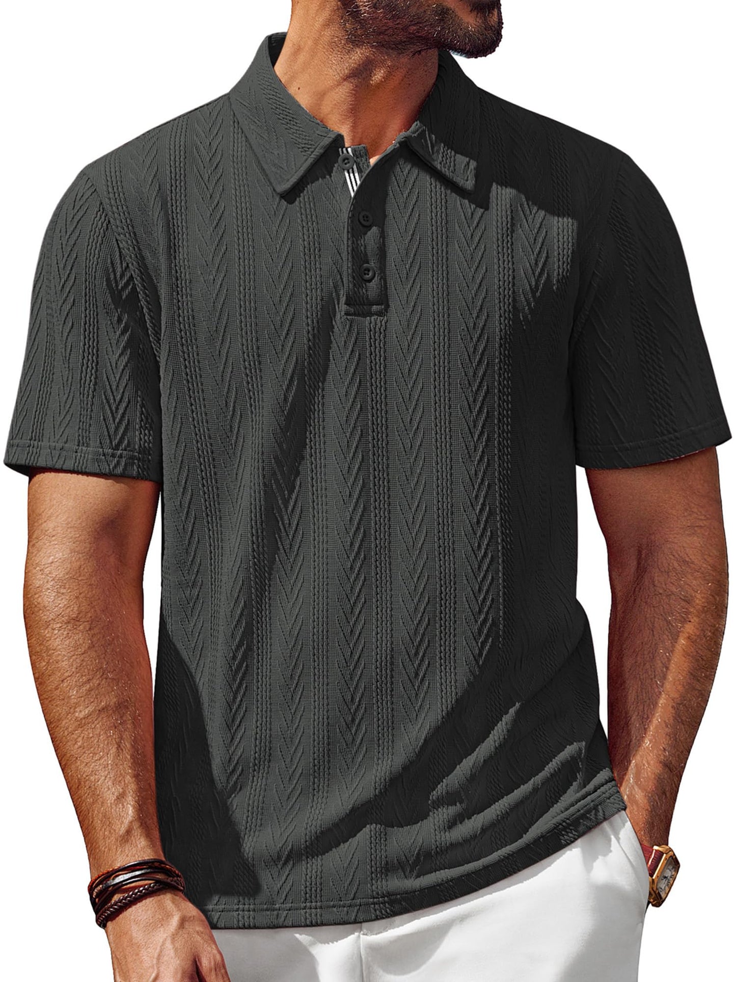 Men's Textured Knit Polo Shirt Short Sleeve Regular Fit Stretch Collared Summer Shirts