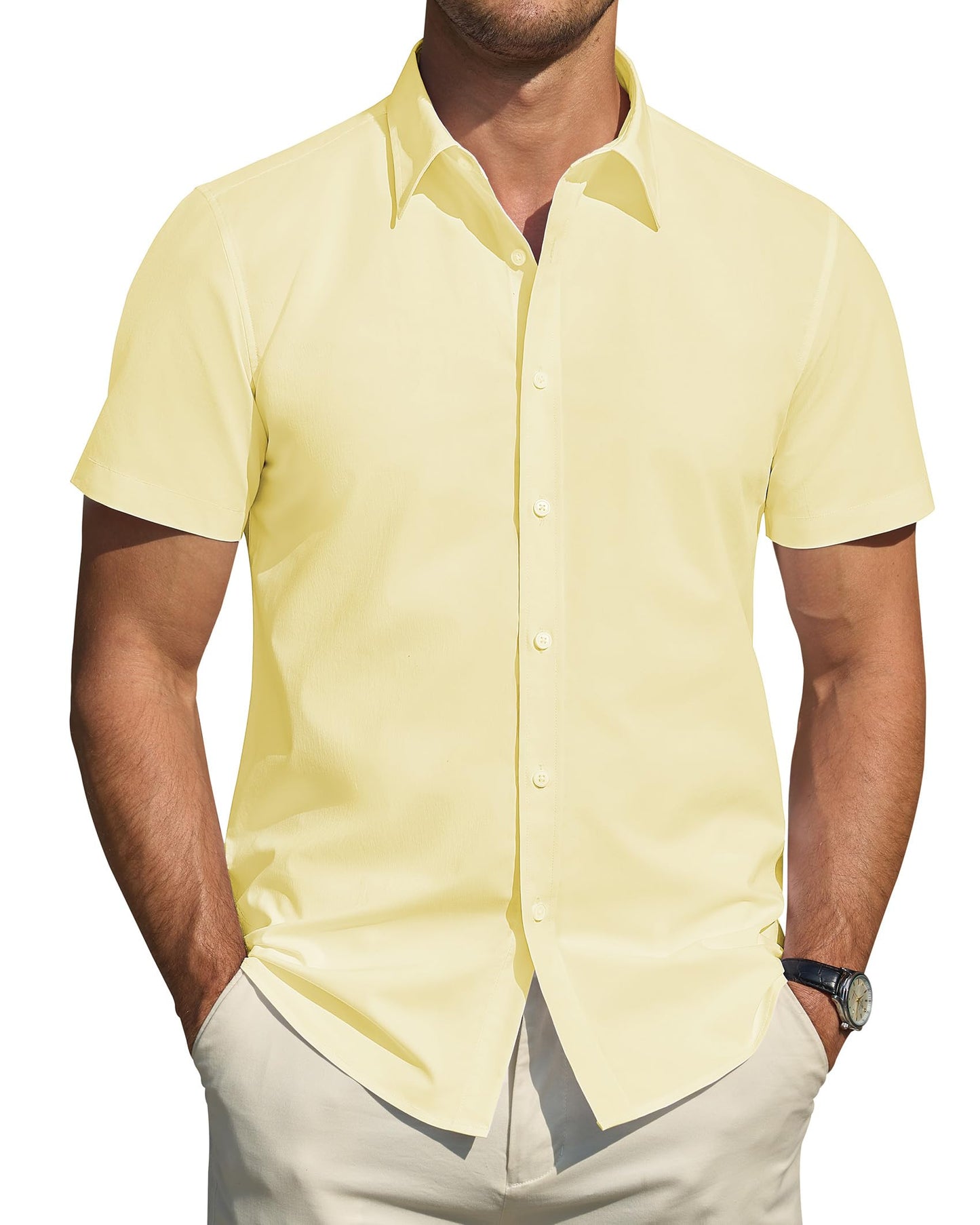 Men's Short Sleeve Dress Shirts Stretch Stain Shield Casual Button Down Shirts Solid Formal Shirt