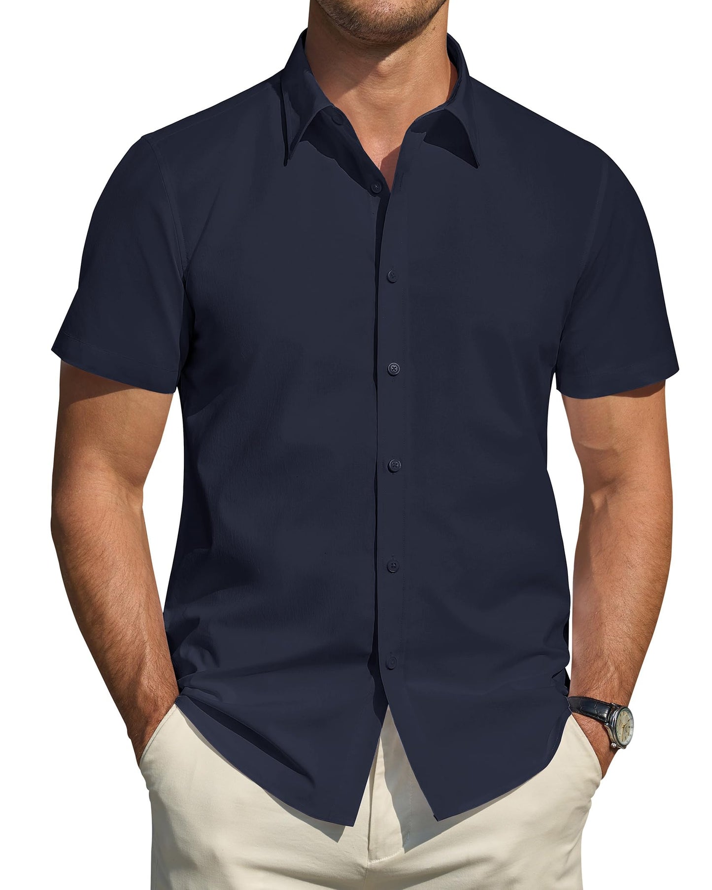 Men's Short Sleeve Dress Shirts Stretch Stain Shield Casual Button Down Shirts Solid Formal Shirt