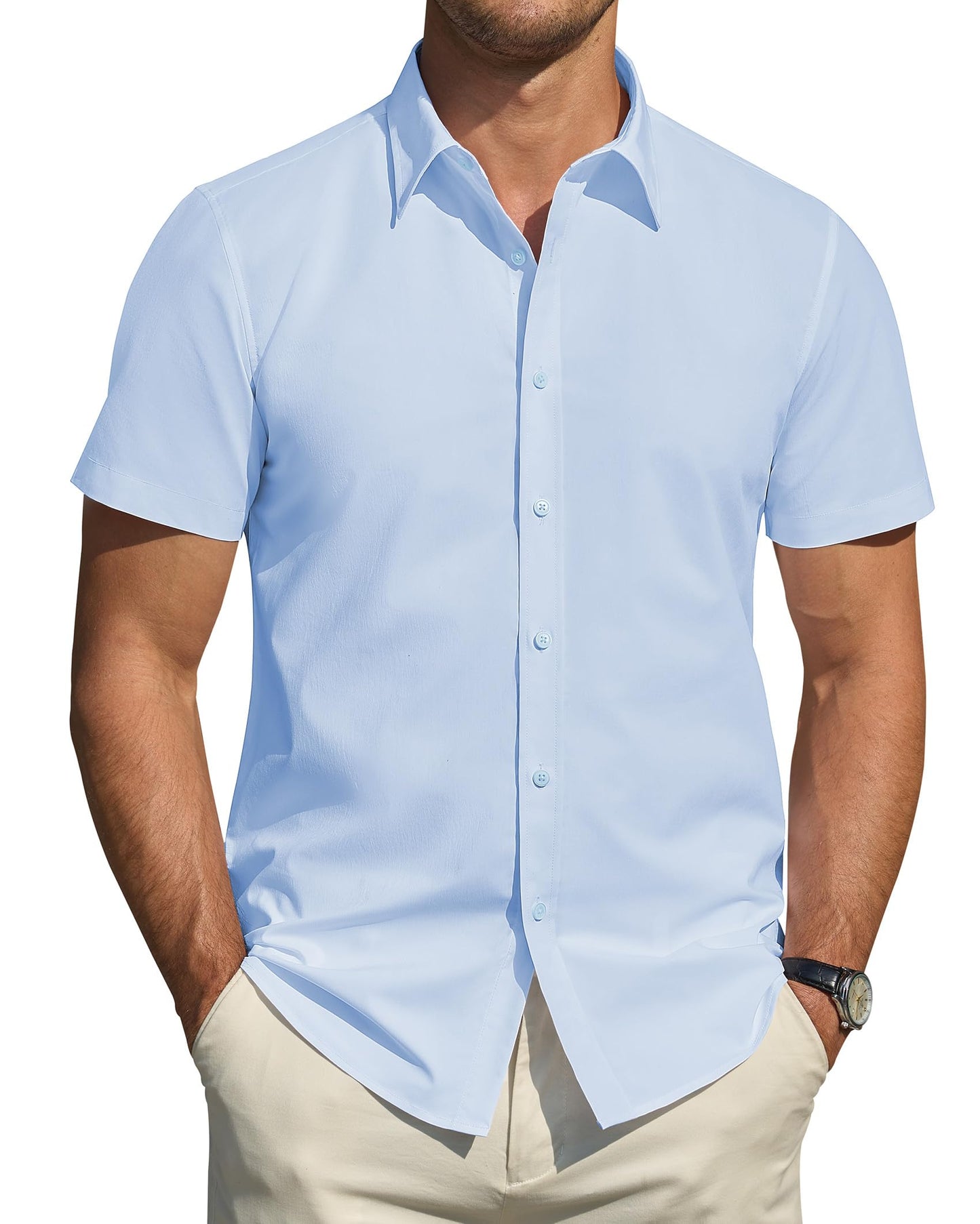 Men's Short Sleeve Dress Shirts Stretch Stain Shield Casual Button Down Shirts Solid Formal Shirt