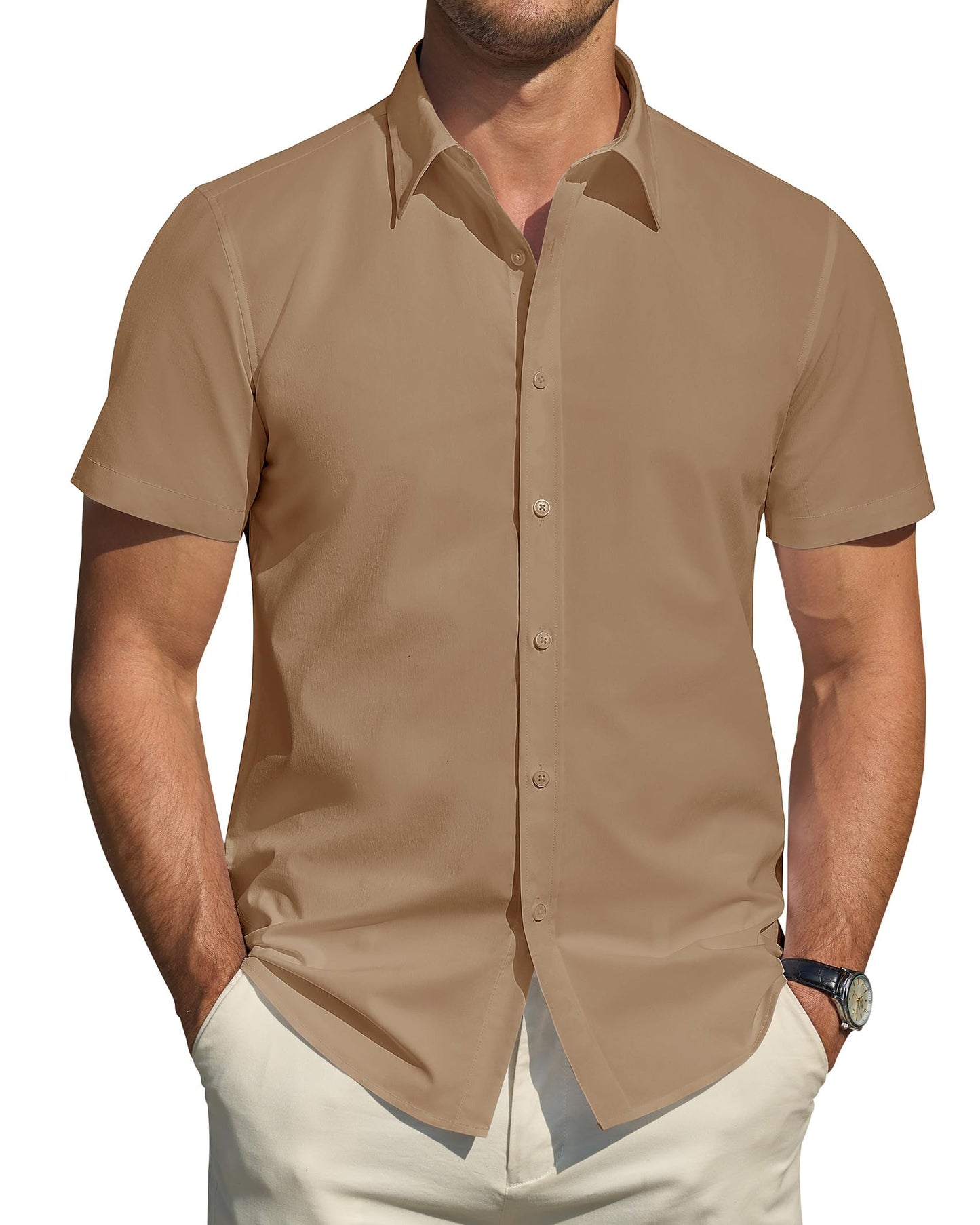 Men's Short Sleeve Dress Shirts Stretch Stain Shield Casual Button Down Shirts Solid Formal Shirt