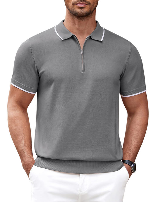 Men's Zipper Polo Shirt Casual Knit Short Sleeve Polo T Shirt Classic Fit Shirts