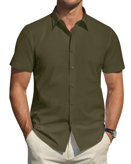 Men's Short Sleeve Dress Shirts Stretch Stain Shield Casual Button Down Shirts Solid Formal Shirt