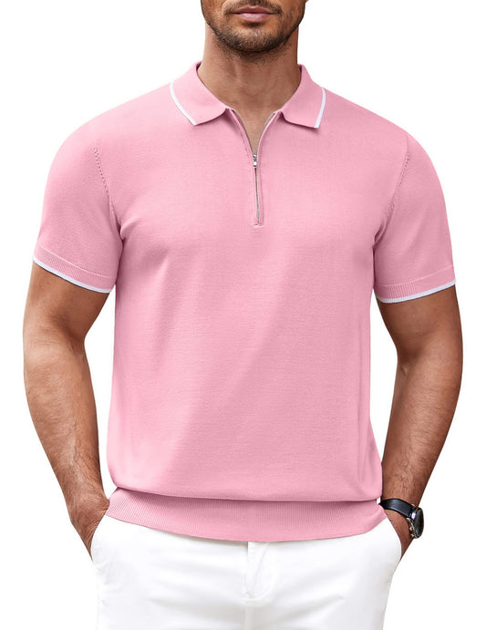 Men's Zipper Polo Shirt Casual Knit Short Sleeve Polo T Shirt Classic Fit Shirts