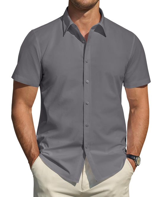 Men's Short Sleeve Dress Shirts Stretch Stain Shield Casual Button Down Shirts Solid Formal Shirt