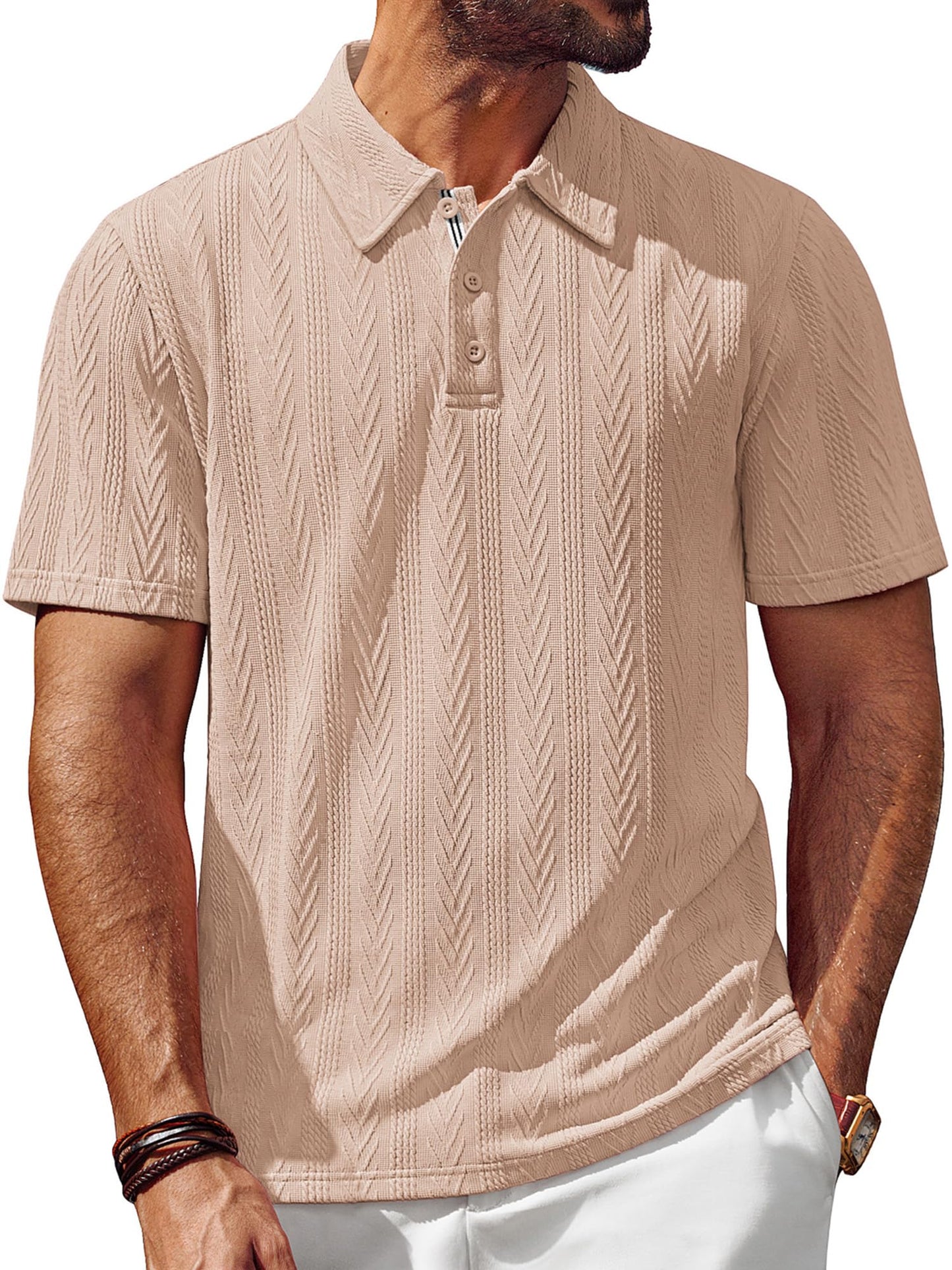 Men's Textured Knit Polo Shirt Short Sleeve Regular Fit Stretch Collared Summer Shirts
