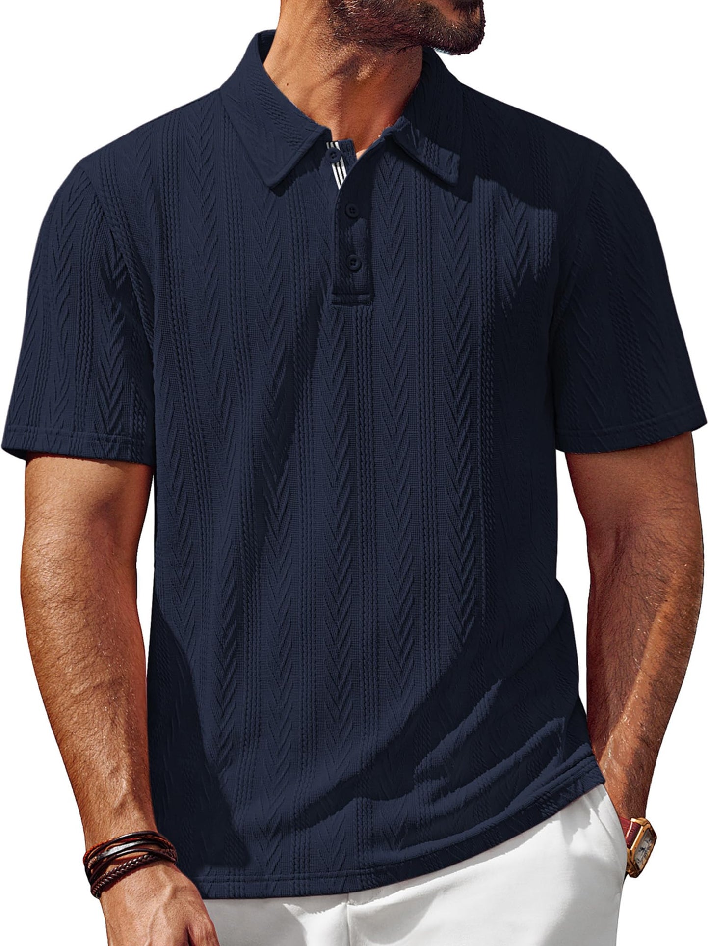 Men's Textured Knit Polo Shirt Short Sleeve Regular Fit Stretch Collared Summer Shirts