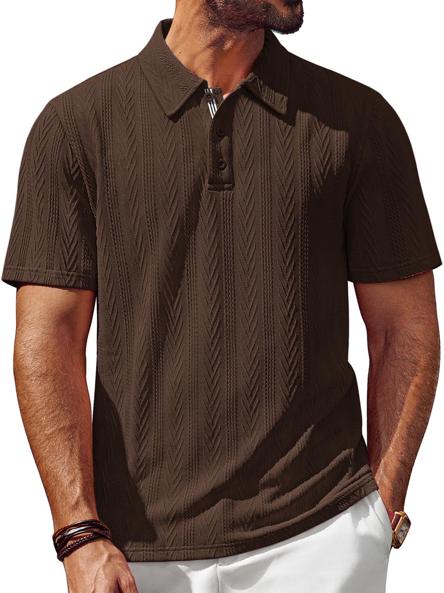 Men's Textured Knit Polo Shirt Short Sleeve Regular Fit Stretch Collared Summer Shirts